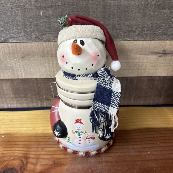 Pine Trail Ceramic Canister Snowman Hinged Lid Cookie Jar 12" tall 6" wide - Picture 1 of 8